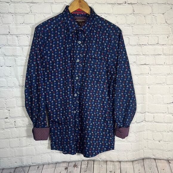 Johnston & Murphy Skull Shirt Mens Medium Blue Crossbones All Over Print AOP - Picture 1 of 9